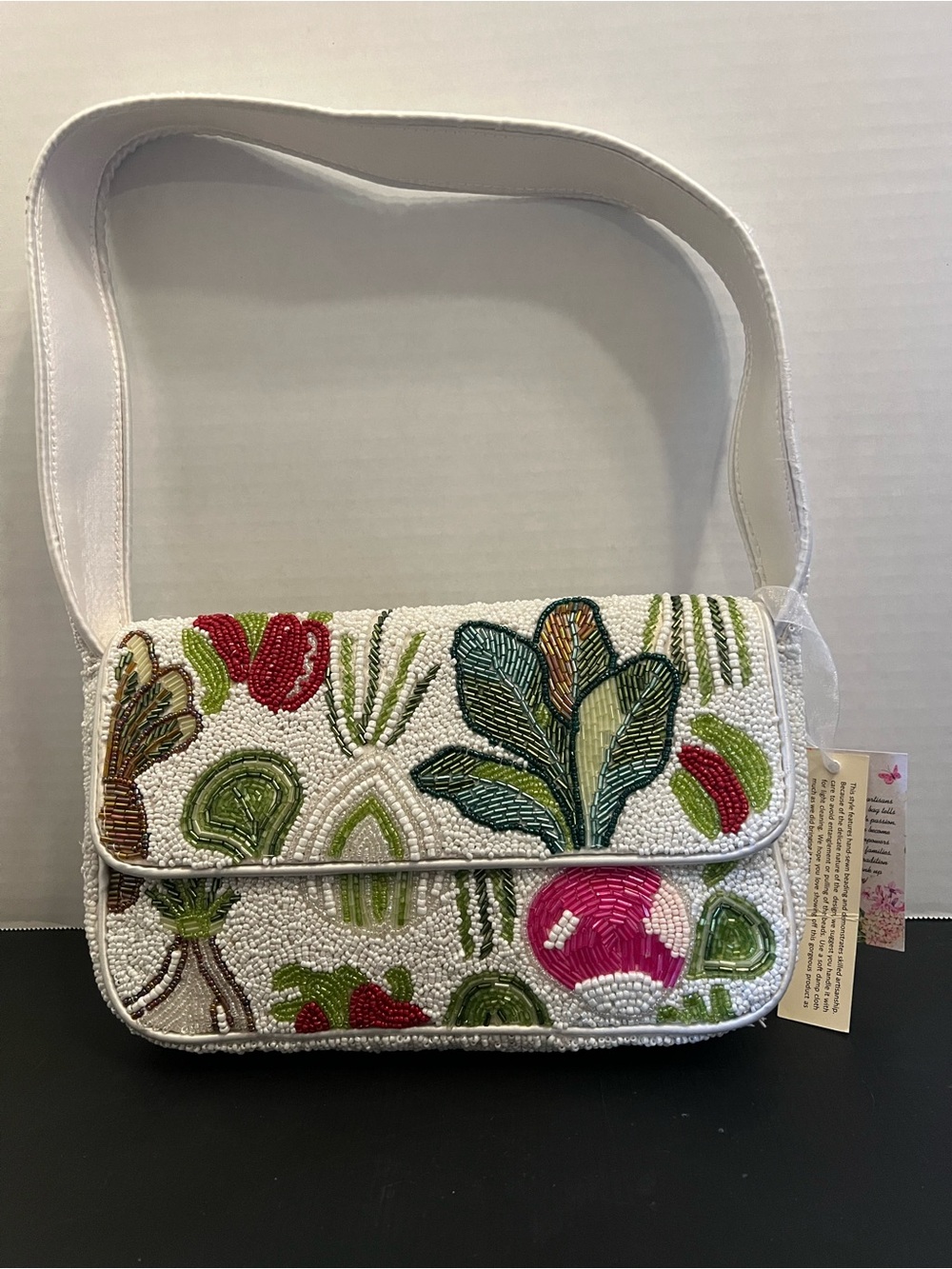White Beaded Shoulder Bag with Colorful Botanical Motif